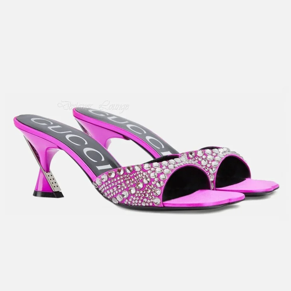 NEW GUCCI Galactica Crystal Embellished Pink Slide Sandals Heels Size EU 37 US 7
